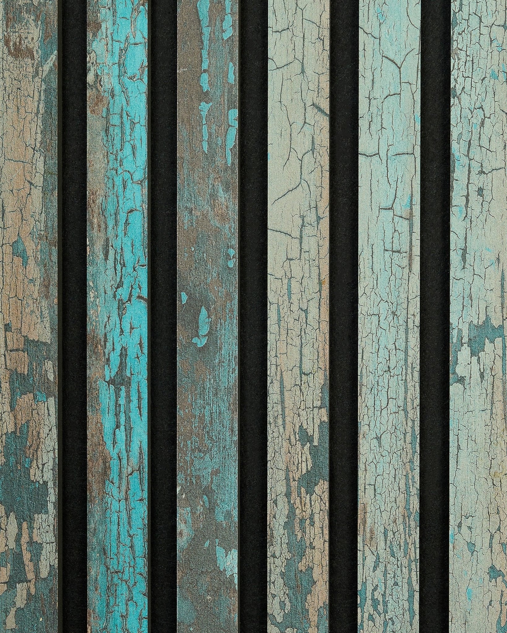 WoodUpp Rebel | Prov / Blue Oxide Akupanel med väderbitna träribbor, blågröna toner, synliga sprickor och mörka vertical mellanrum för ett rustikt nordiskt uttryck.