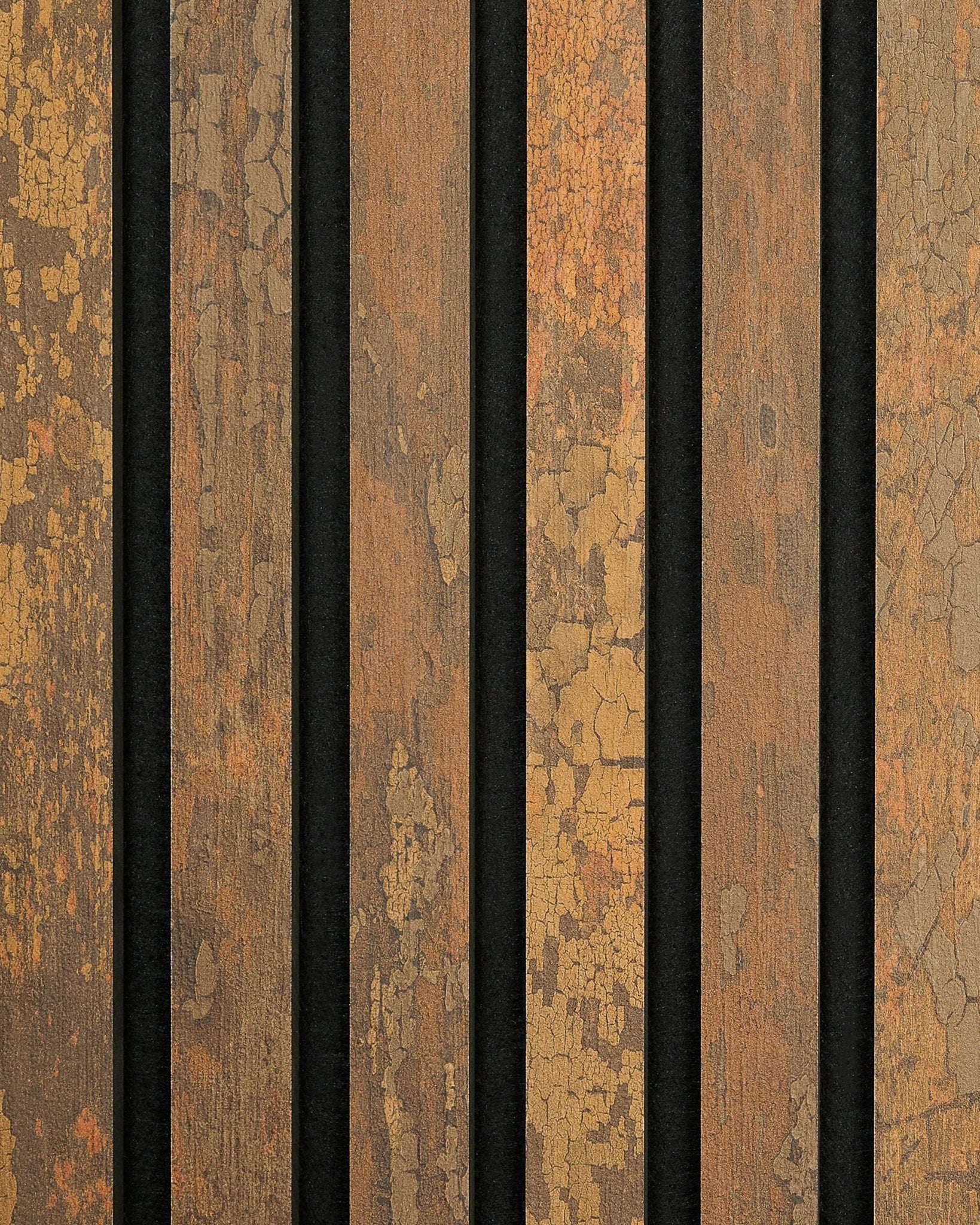 The Rebel | Provbit / Copper Oxide från WoodUpp visar rustika brown vertical Akustikpanel plankor med ett vädert slitet, vintageliknande uttryck.