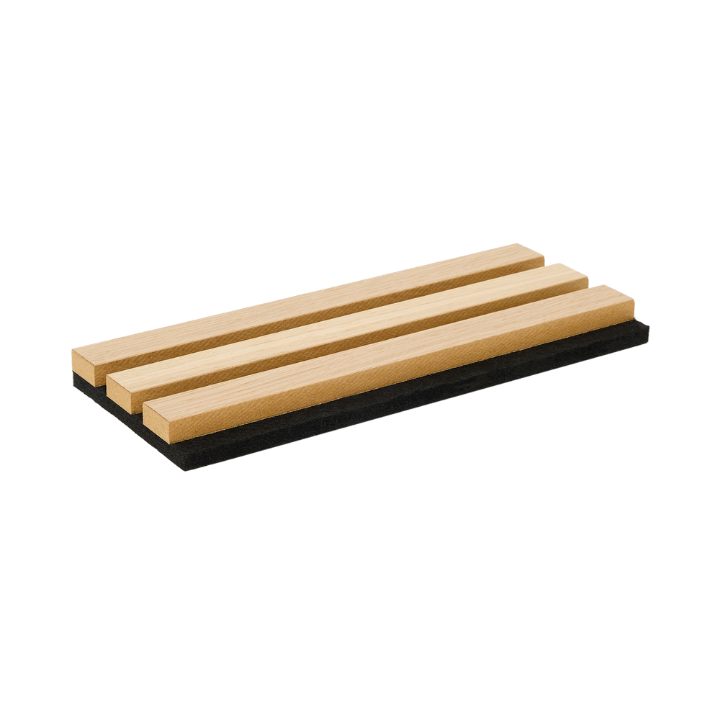 Three parallel acoustic wood slats mounted on a rectangular black base, shown on a white background; minimalist Nordic design referencing Akupanel style.