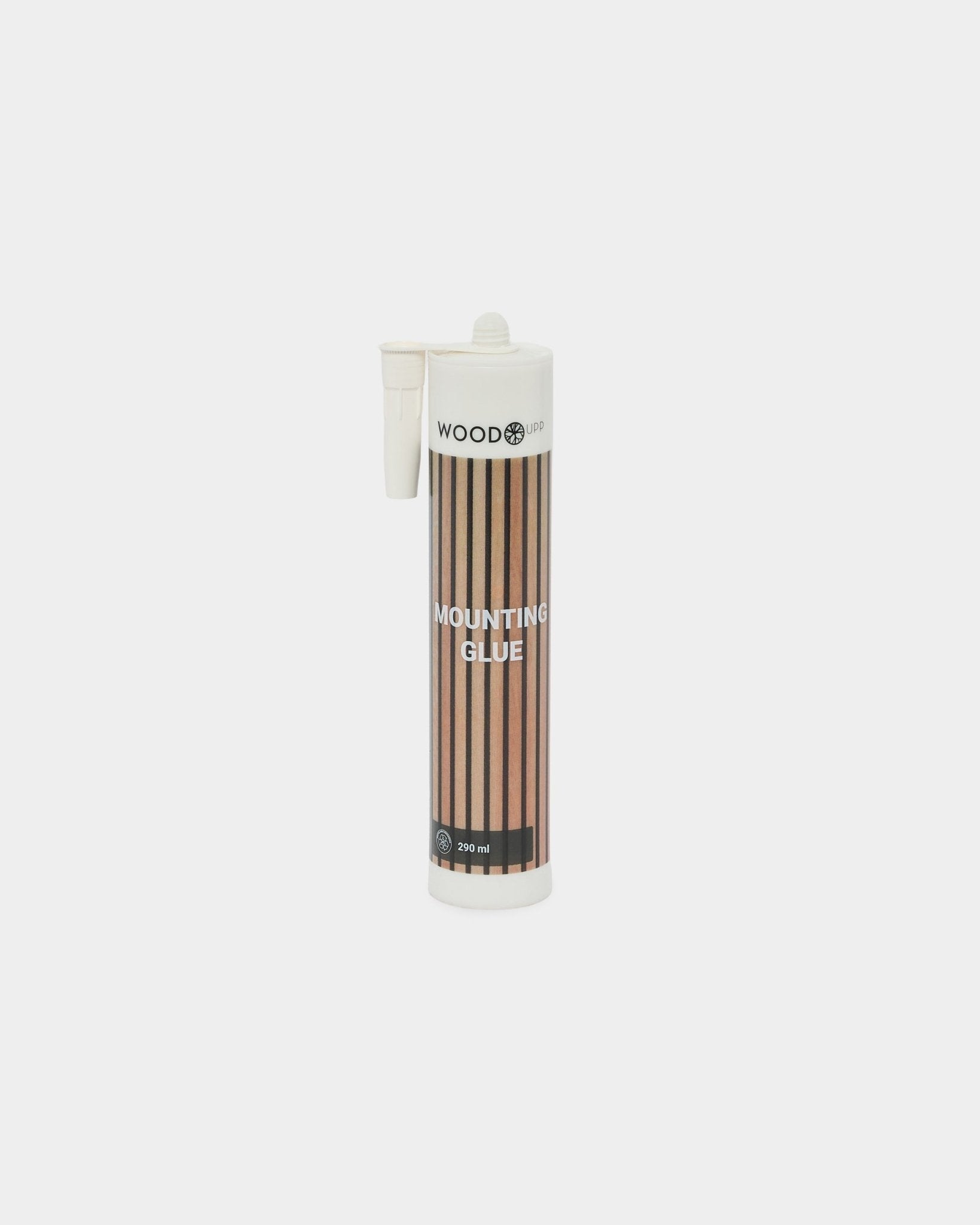 290 ml tub WoodUpp monteringslim med en brown-randig etikett och appliceringsmunstycke, utformat för säker montering av Akupanel akustikpaneler.