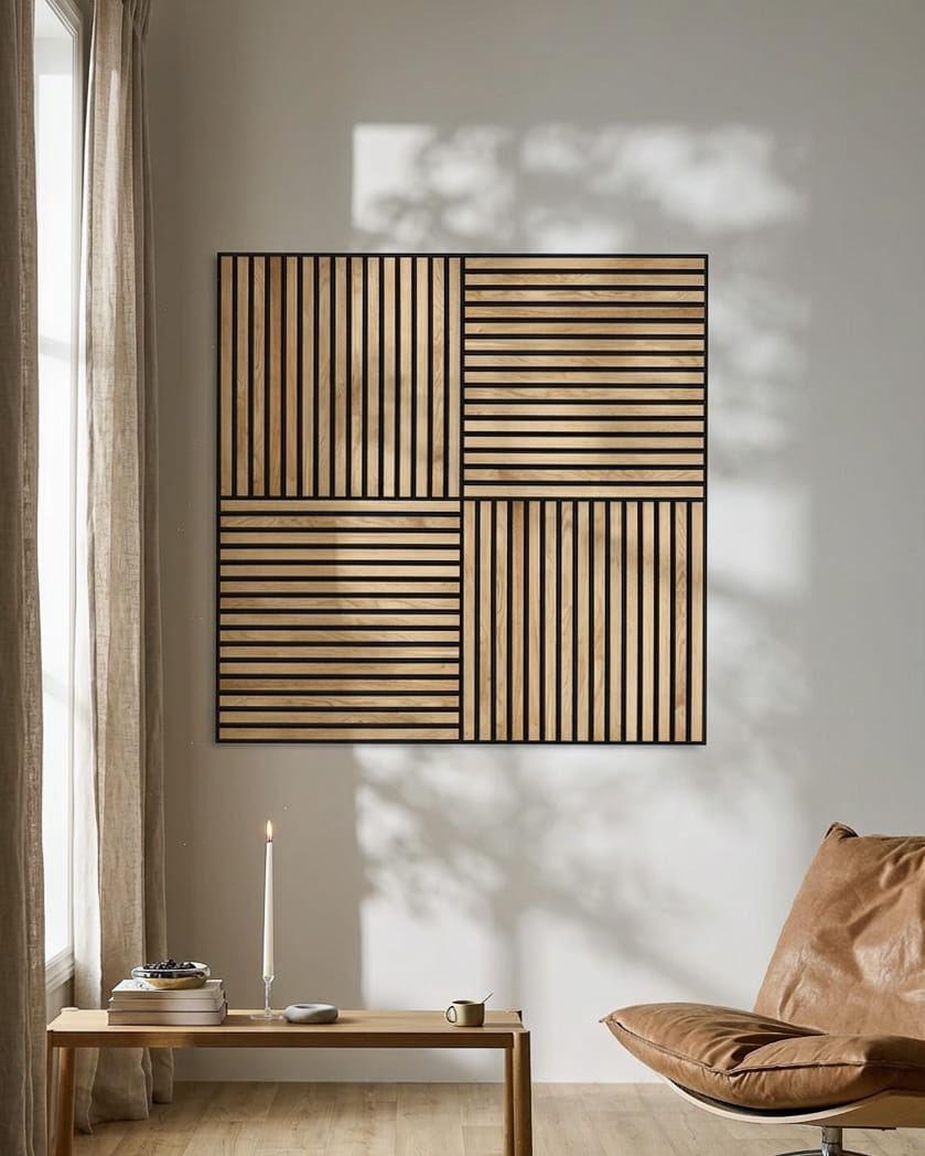 Modernt vardagsrum med en läderfåtölj, ett tänt ljus och WoodUpp Akupixel Akustikpanel i Rustic Natural Oak som skapar geometriska skuggor på väggen.