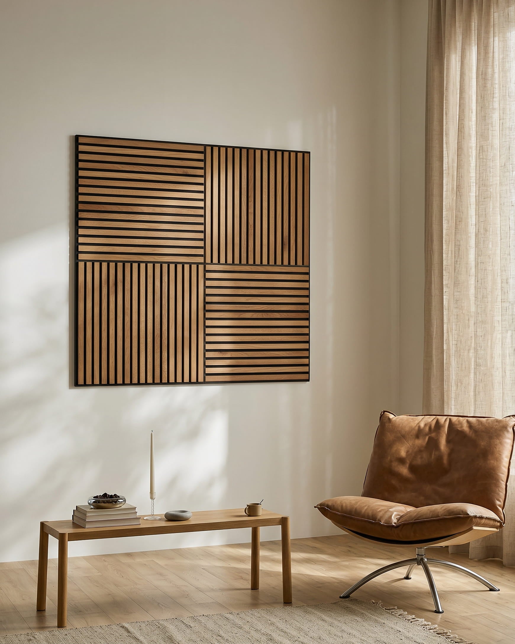 Minimalistiskt vardagsrum med en brown loungefåtölj, soffbord i trä och WoodUpp Akupixel Rustic Brown Oak Akustikpanel på väggen, i naturligt ljus.