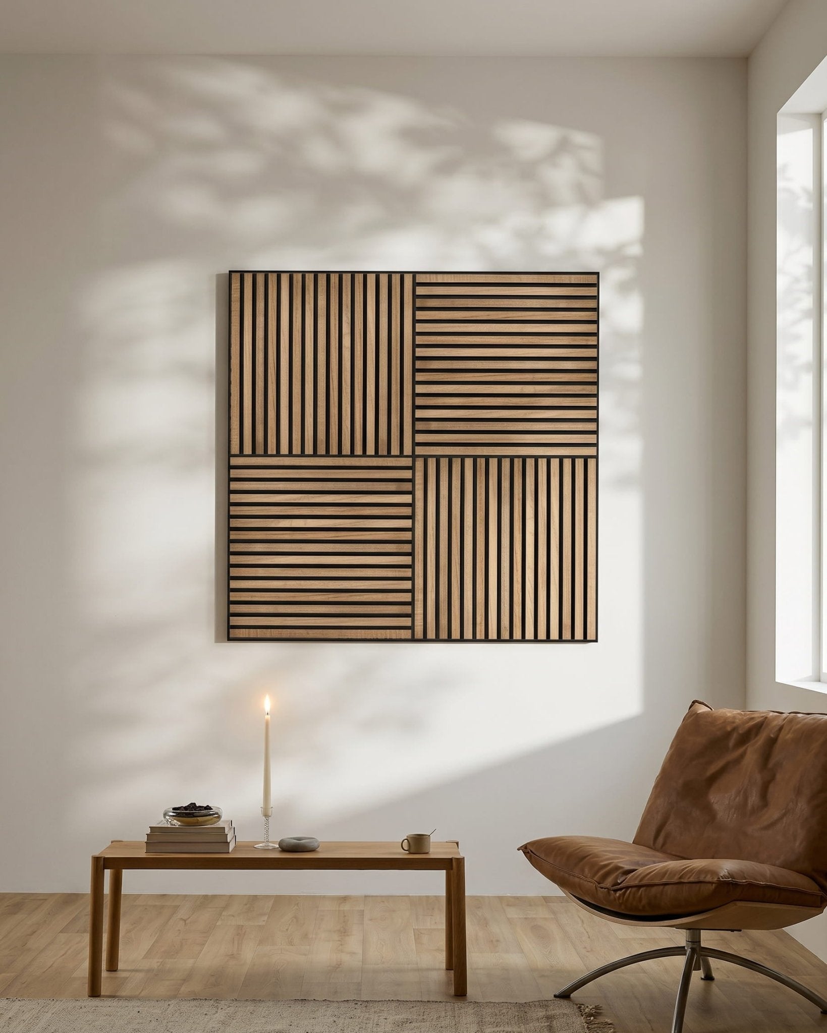 Minimalistiskt nordiskt rum med en WoodUpp Akupixel Walnut Akustikpanel på väggen, ett tänt ljus på ett lågt bord, böcker och en brown stol vid ett fönster.