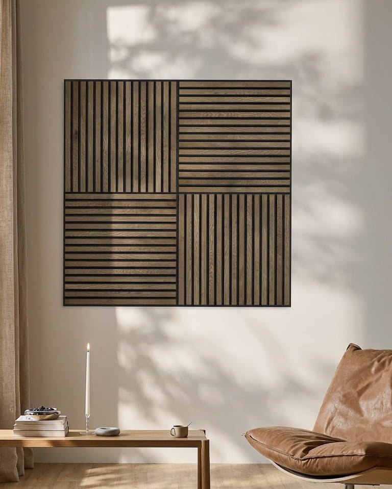 Minimalistiskt rum med en läderfåtölj, ett ljus och WoodUpp Akupixel Akustikpanel i rustik grey oak som kastar geometriska skuggor på väggen.