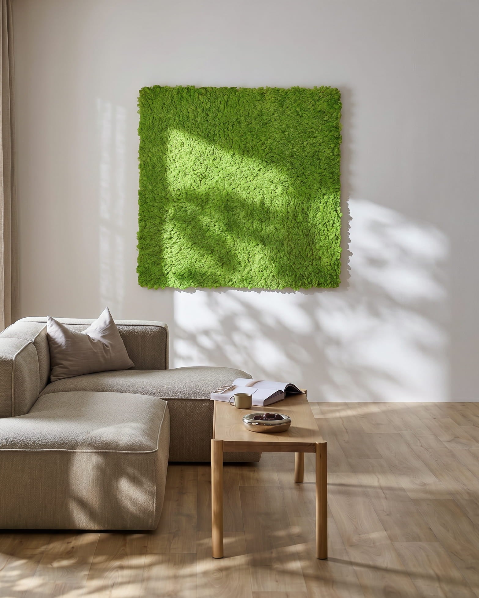 Modernt vardagsrum med en beige soffa och WoodUpp Akupixel Akustikpanel i Moss / Apple Green, 60x60 cm, monterad på väggen. Solljuset kastar skuggor intill.