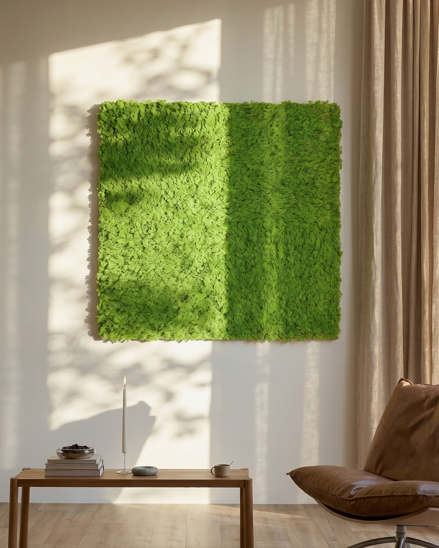 Akupixel Akustikpanel i Moss / Apple Green, 60 x 60 cm från WoodUpp, monterad på en solbelyst vägg ovanför ett small bord och beige gardiner.