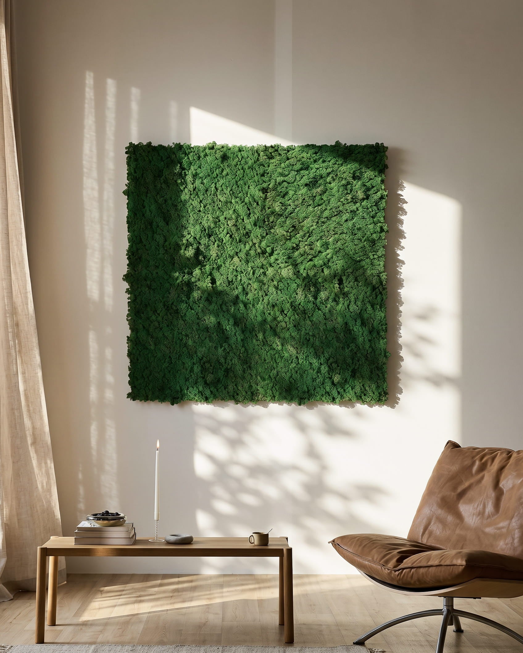 WoodUpp Akupixel Moss Green Akustikpanel (60x60 cm) monterad på en beige vägg ovanför ett minimalistiskt bord och en brown läderstol.