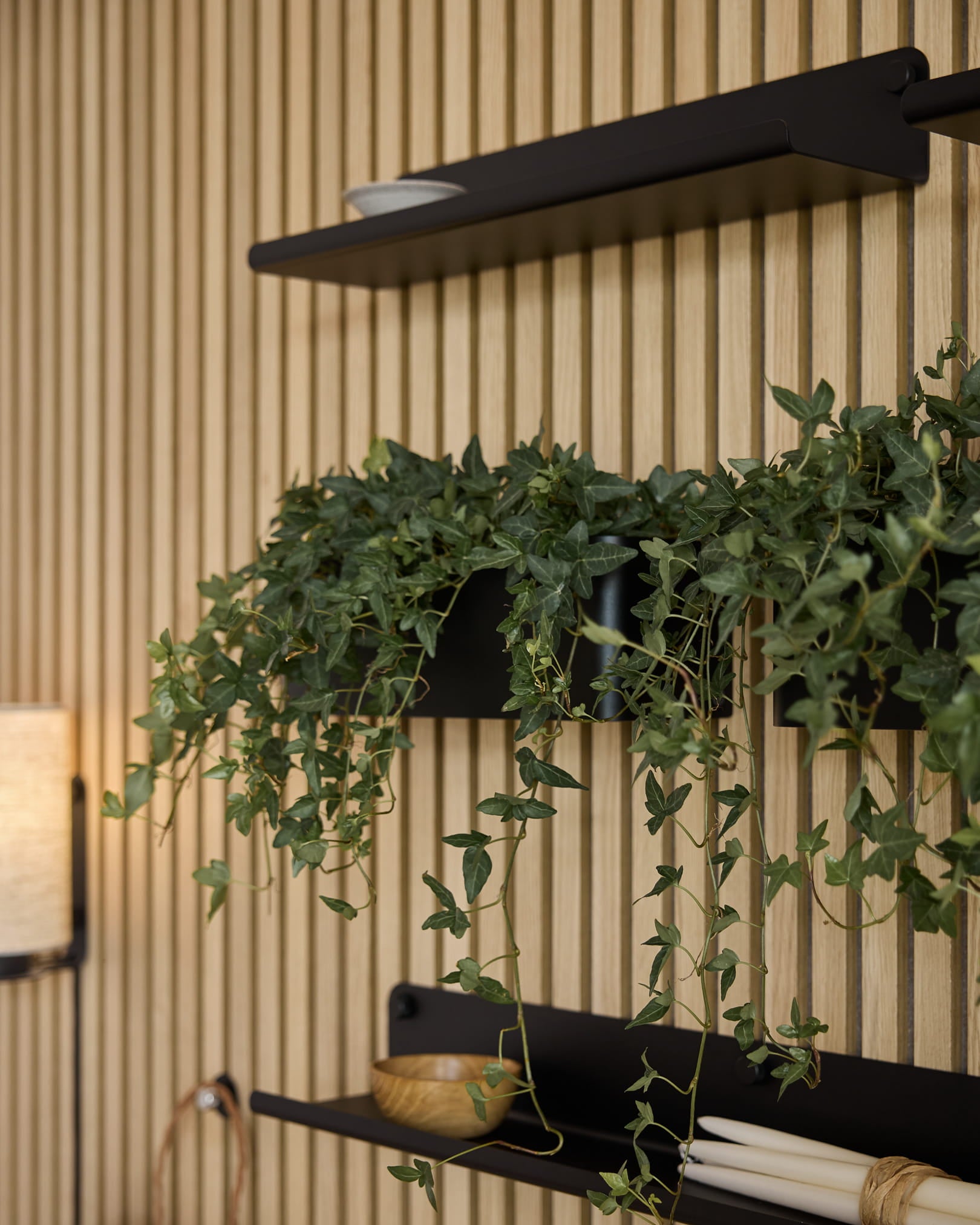 Vertical Akupanel akustisk ribbpanel i trä med black hyllor, minimalistisk inredning, grönska och en black WoodUpp Norr Plant Box (35,9 cm).