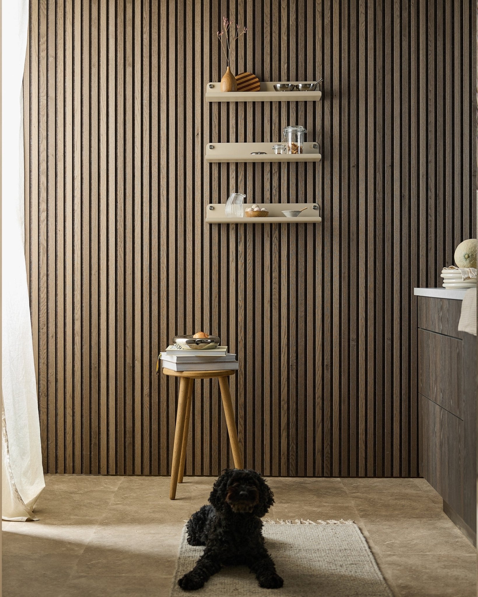 En black hund ligger på en matta i ett modernt rum med en Akupanel Akustikpanel vägg, beige WoodUpp Norr bred hylla (51,9 cm), en pall med böcker och mjukt ljus.