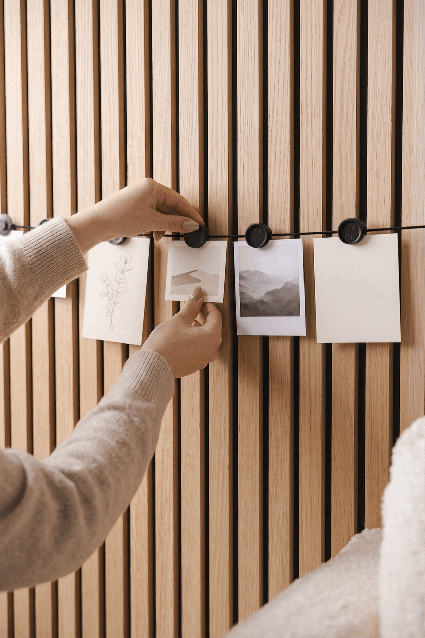 En person fäster foton och skisser på Vindar | Gallery String från WoodUpp med neodymclips på en nordisk Akupanel akustikpanel i trälameller.