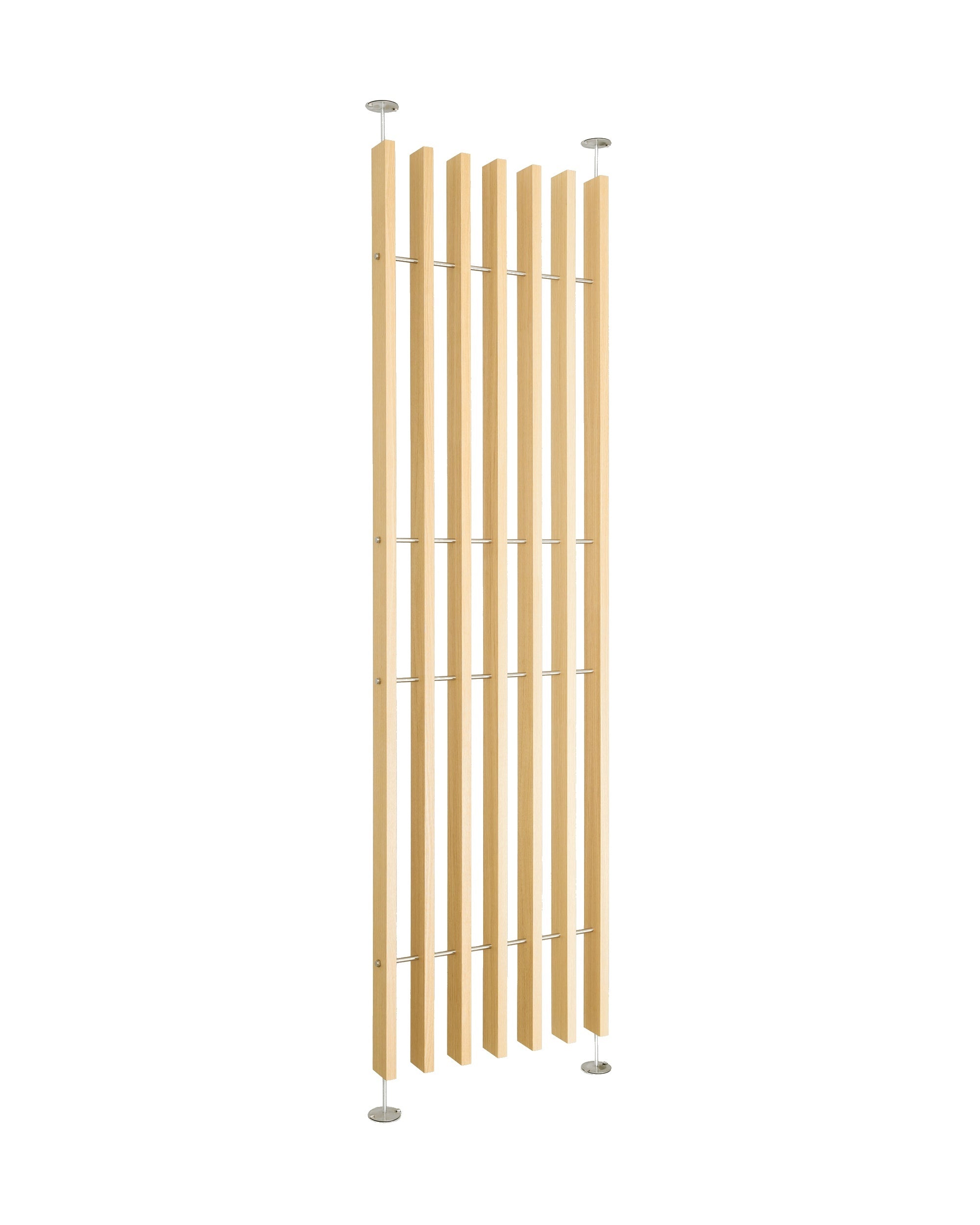 Floor-to-ceiling EMBRACE room divider featuring vertical Nordic wood slats held by horizontal metal rods, anchored by round metal bases at top and bottom.