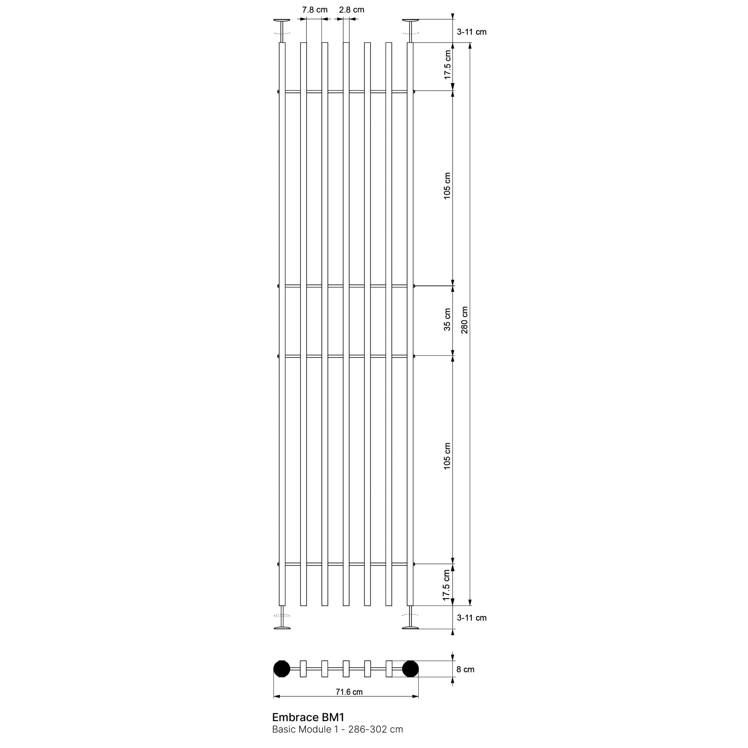 Technical diagram showing Embrace BM1 Basic Module 1 vertical room divider structure, with height measurements labeled in centimeters (286–302 cm).