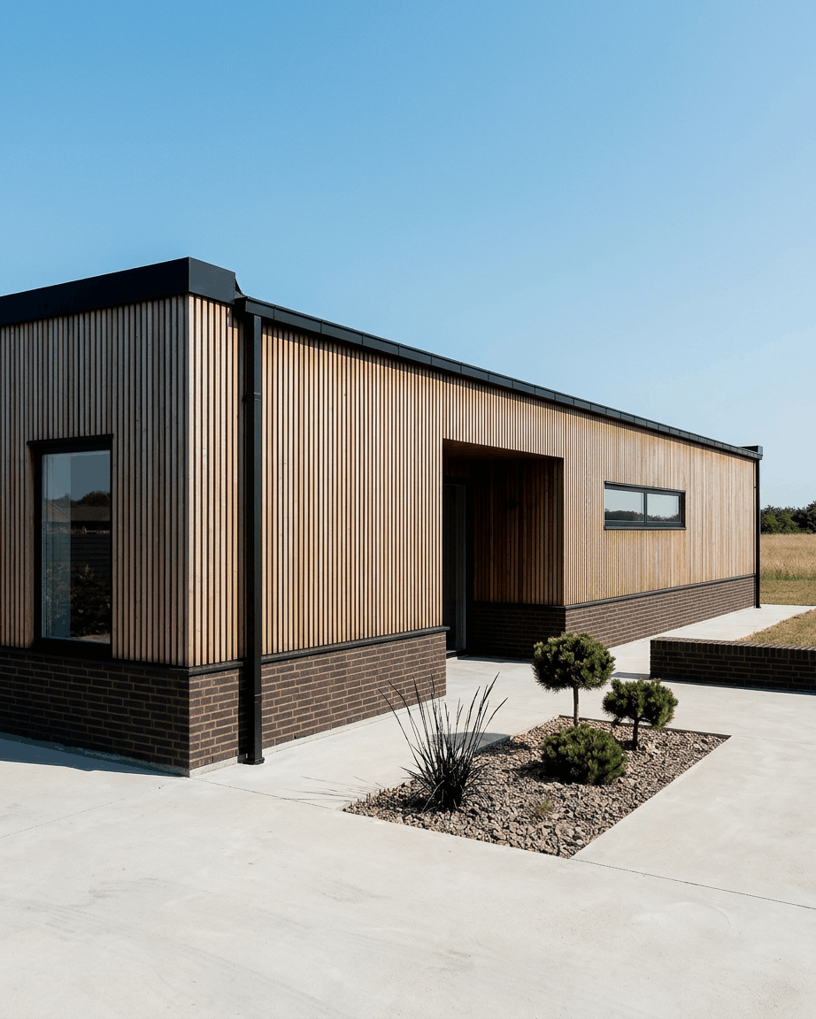 Enplanshus med WoodUpp Aluwood fasadpaneler i brown Thermowood, en mörk tegelbas, large fönster och sparsam landskapsplanering.