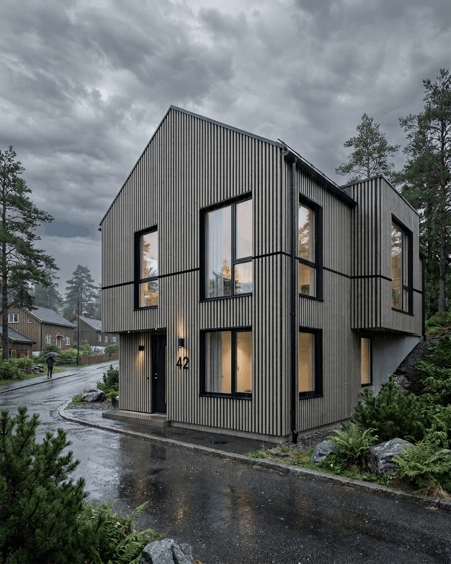 Modernt tvåvåningshus med large fönster, med WoodUpp Aluwood Thermowood Grey fasadpaneler, en regnig dag omgivet av träd och grönska.