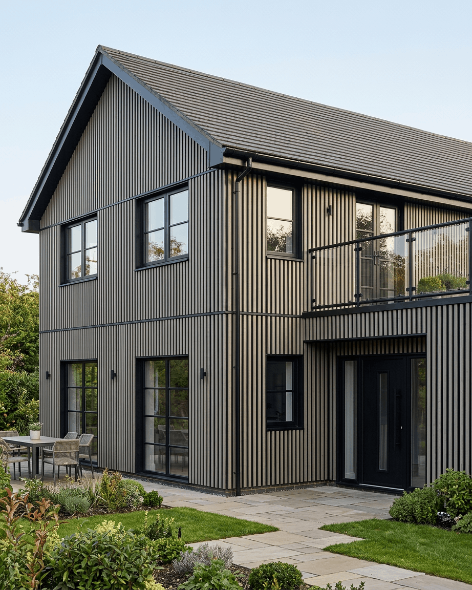 Modernt tvåvåningshus med grå WoodUpp Aluwood Thermowood-fasadpaneler, svarta lister, stora fönster, balkong, trädgård och terrassmöbler.