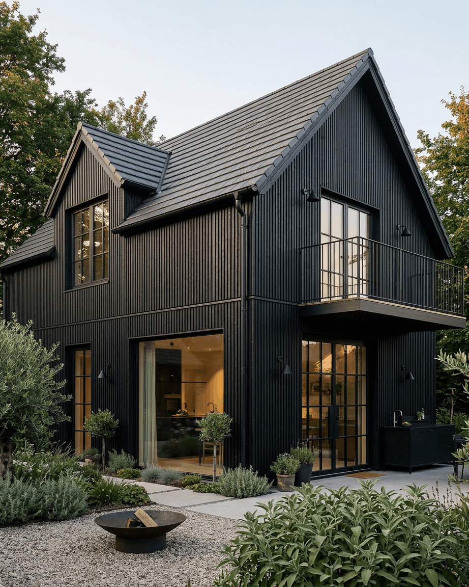 Svart hus med fasadpaneler av typen WoodUpp Aluwood Thermowood, stora fönster, balkong, utekök, anlagd trädgård, träd och en eldstad på framsidan.