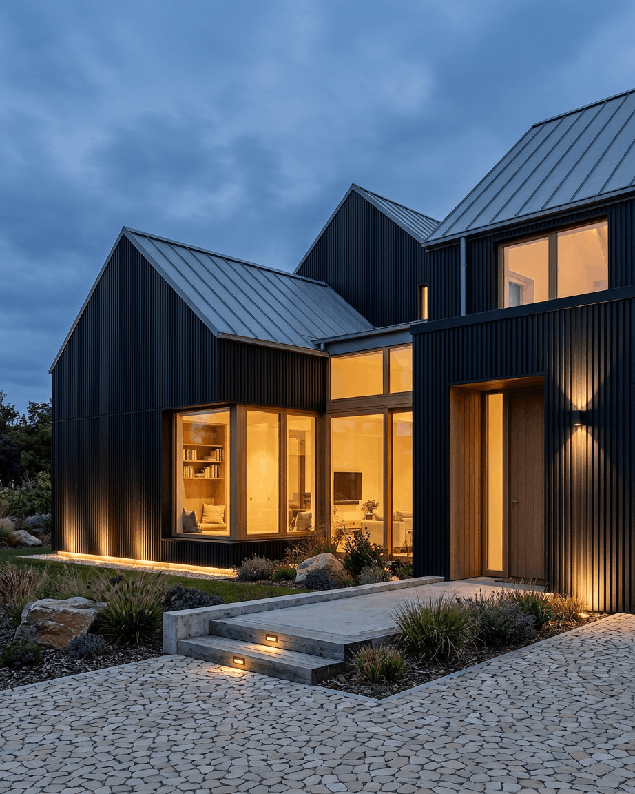 Modernt hus med fasadpaneler i svart återvunnen aluminium från WoodUpp Aluwood, stora fönster, en varm interiör i skymningsljus, en stenlagd gång och en anlagd förträdgård.