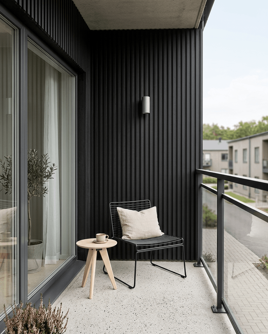 Black Aluwood slat cladding on balcony wall, glass railing, wire chair, wooden side table with cup
