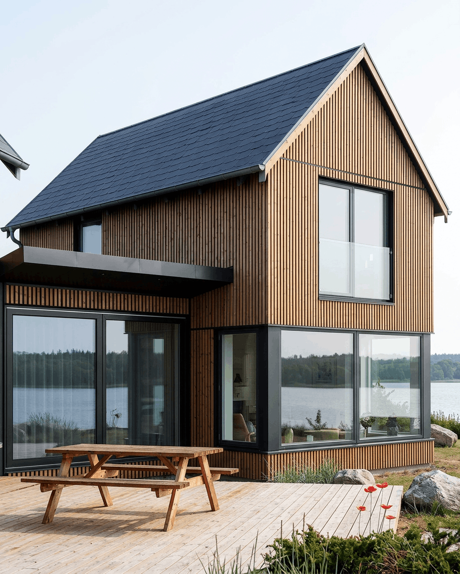 Huset vid sjön med stora fönster och sluttande tak är utvändigt klätt med WoodUpp Aluwood-fasadpaneler i färgen Thermowood Oiled Brown.