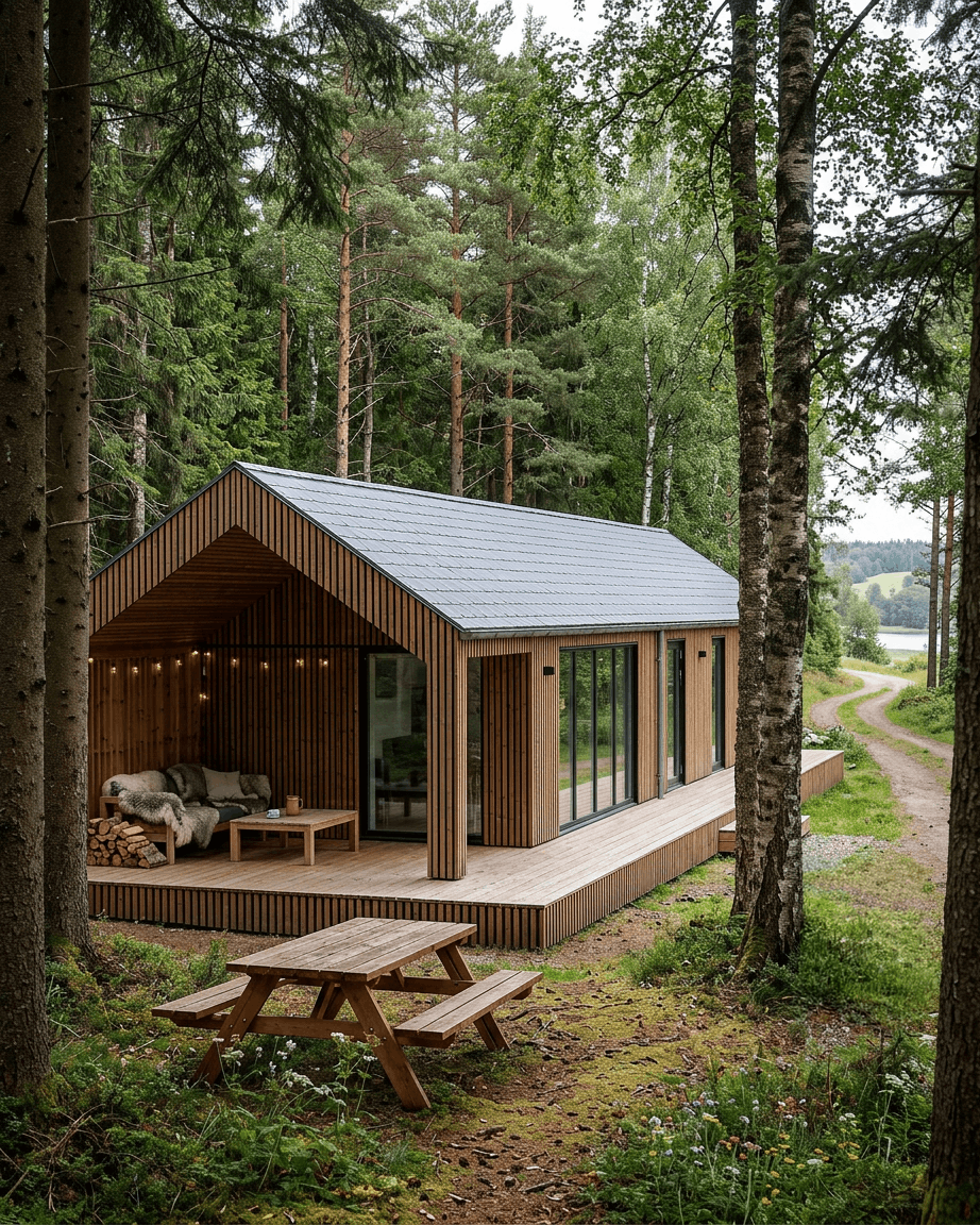 En moderne hytte med WoodUpp Aluwood Thermowood-facadepaneler, store vinduer med udsigt til skoven og et picnicbord ved en sø.