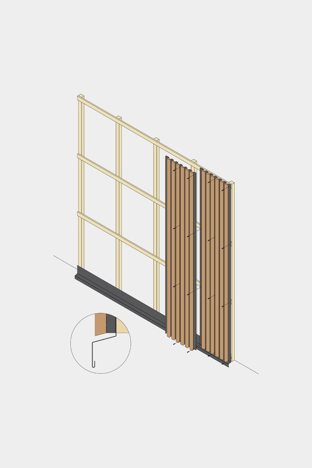Isometrisk ritning av montering av WoodUpp Aluwood-fasadpanel, 240 cm bottendel, som visar trälameller, black kantlist och detalj för lamellinfästning.