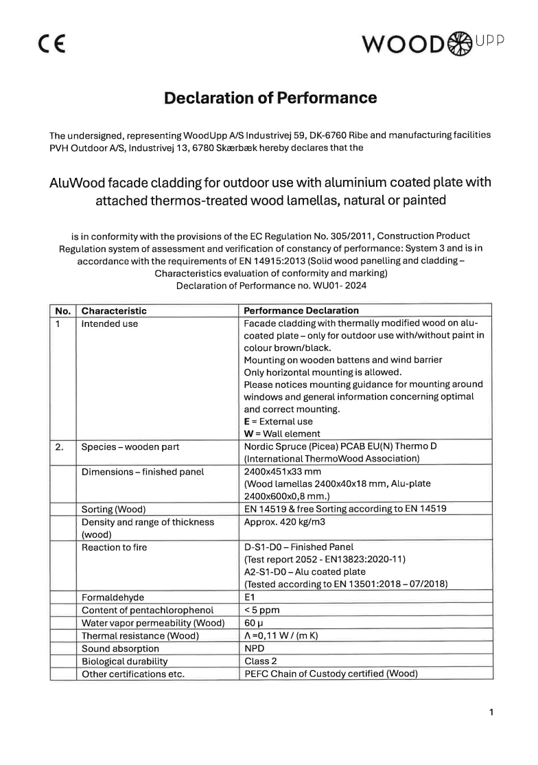 Declaration of Performance for AluWood facade panels, featuring a table of technical standards and certifications specific to WoodUpp outdoor collections.