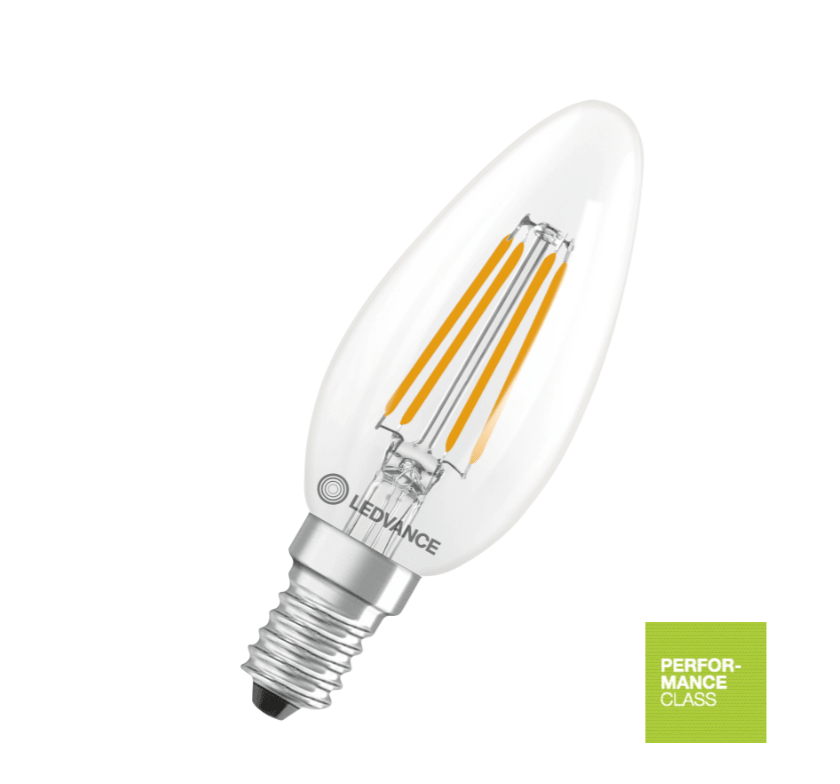 WoodUpp E14 LED-kronljuslampa, 3,4 W, 470 lm; klart glas med synliga glödtrådar, silverfärgad skruvsockel och grön etikett för Performance Class.