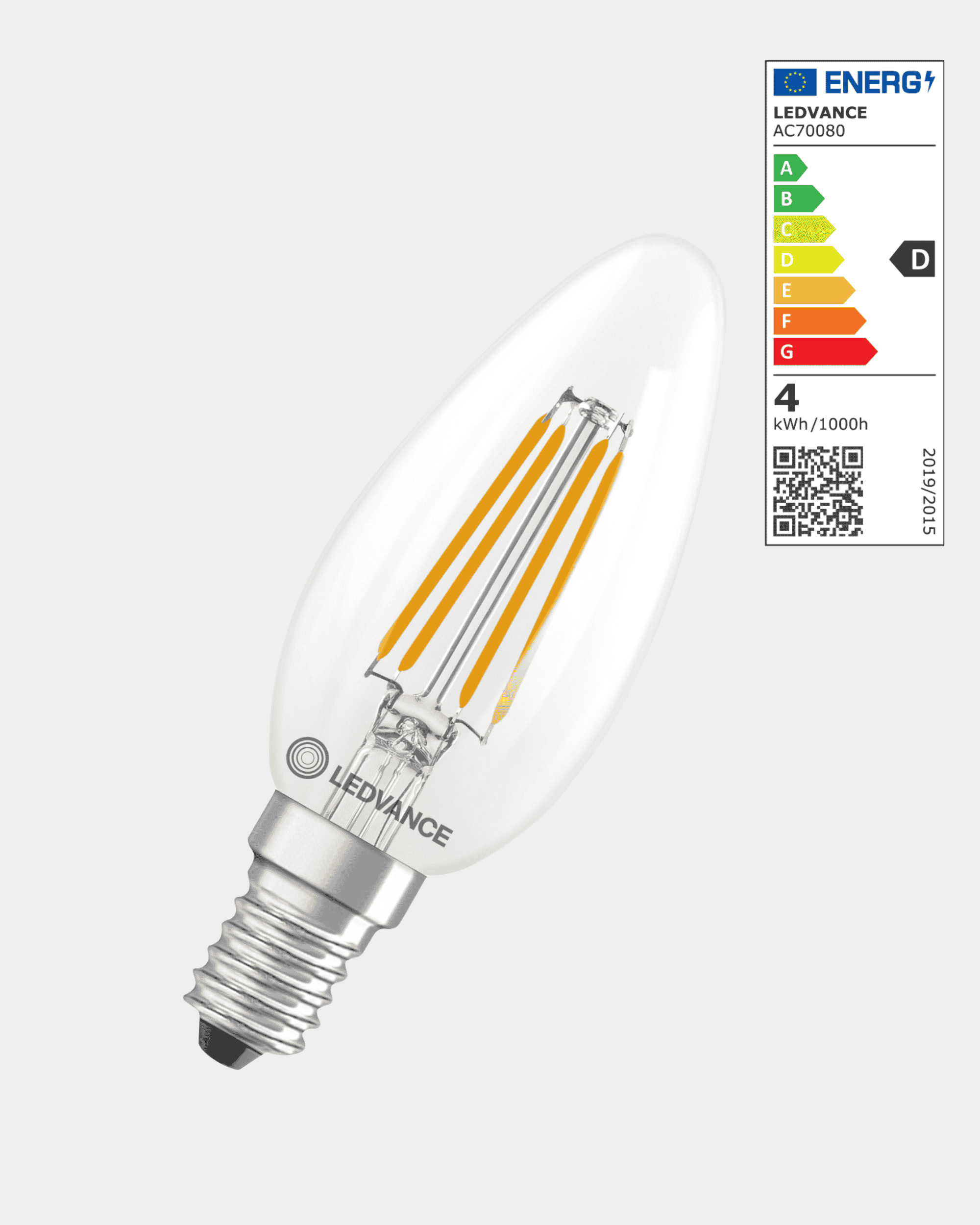 WoodUpp E14 3,4 W ljuskälla i kronljusform med synliga glödtrådar, 470 lumen och energimärkning D visas i det övre högra hörnet.
