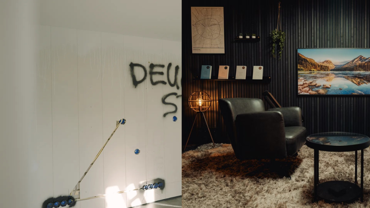 Delad bild: till vänster, en vit vägg med synliga ledningar och graffiti; till höger, ett modernt rum med nordisk inredning och en inbjudande fåtölj.
