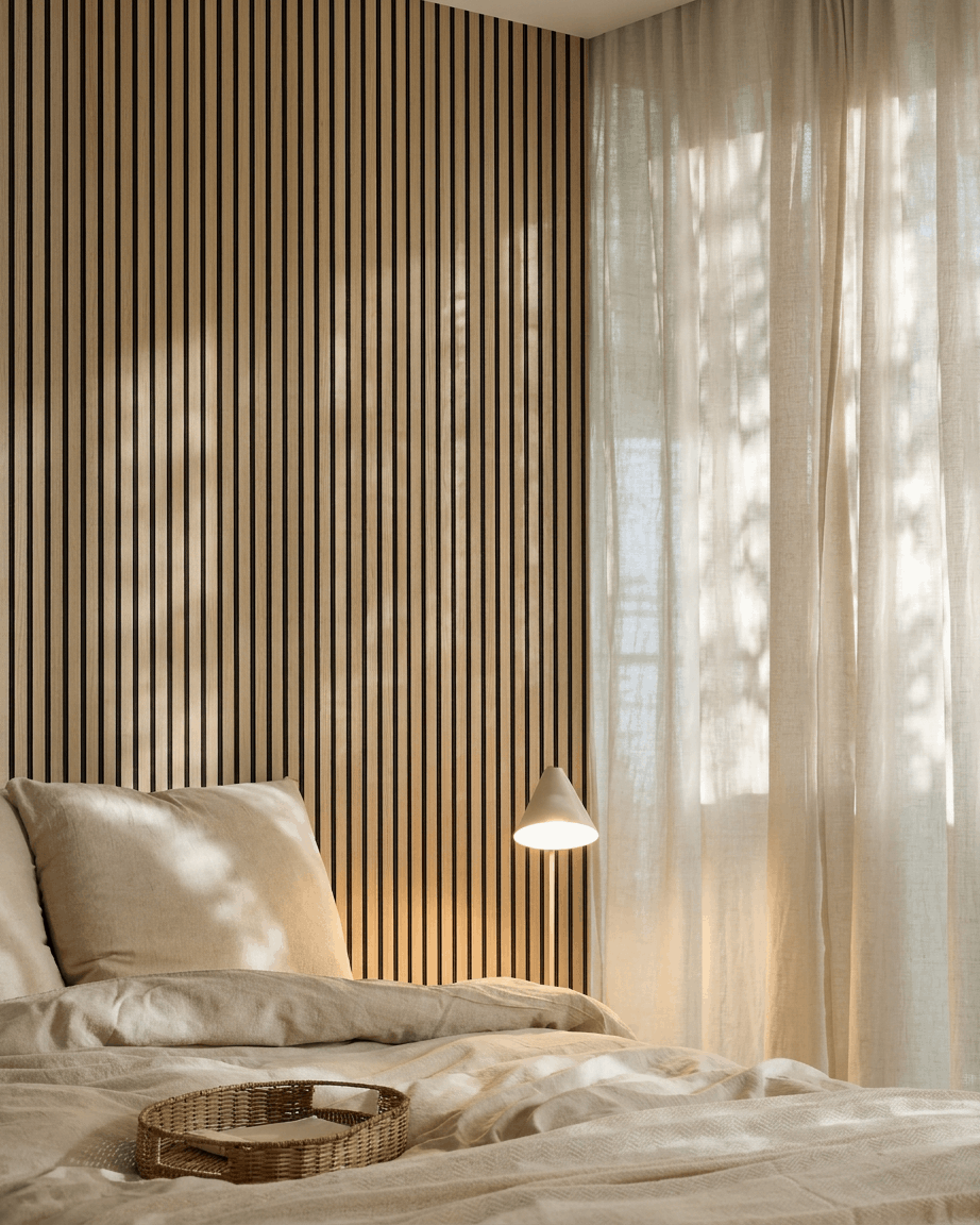 Modernt skandinaviskt sovrum med en WoodUpp Akupanel akustikpanel i trä i Classic Oak på väggen, neutrala sängtextilier, skira gardiner och mjuk belysning.