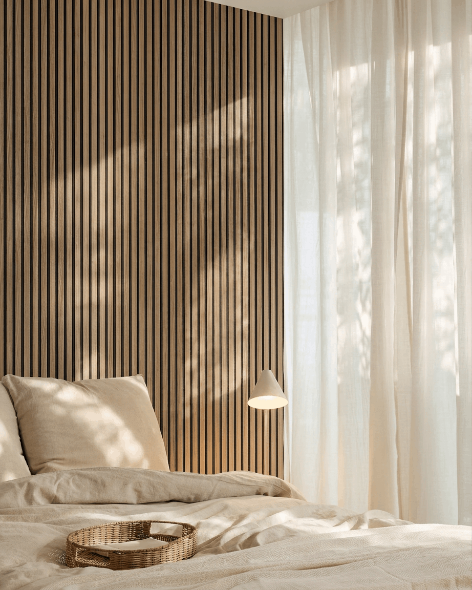 Minimalistiskt sovrum med beige sängkläder, skira gardiner, en hängande lampa och en WoodUpp Akupanel akustisk ribbvägg i trä (English Walnut) som fondvägg bakom sängen.