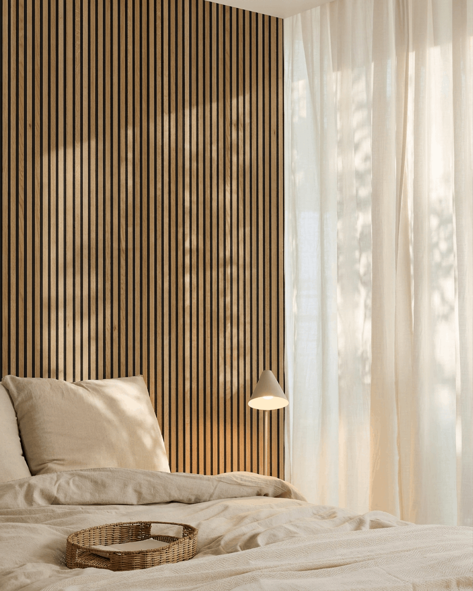 Minimalistiskt nordiskt sovrum med WoodUpp Akupanel Akustikpanel i Rustic Brown Oak på väggen, beige sängkläder, en rottingbricka på sängen och skira gardiner.