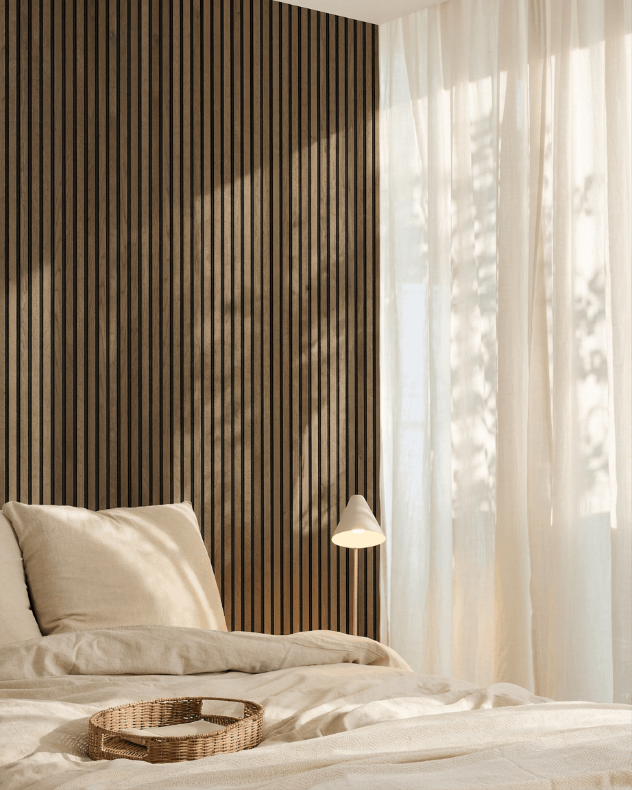 Minimalistiskt skandinaviskt sovrum med en WoodUpp Akupanel Natural Wood Akustikpanel fondvägg, beige sängkläder, bricka i rotting och skira gardiner.