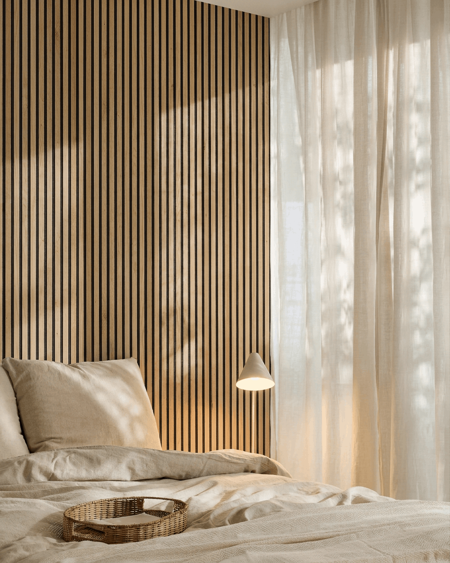Minimalistiskt skandinaviskt sovrum med beige sängkläder, WoodUpp Akupanel Natural Oak akustisk ribbväggspanel, flätad bricka på sängen och tunna ljusfiltrerande gardiner.