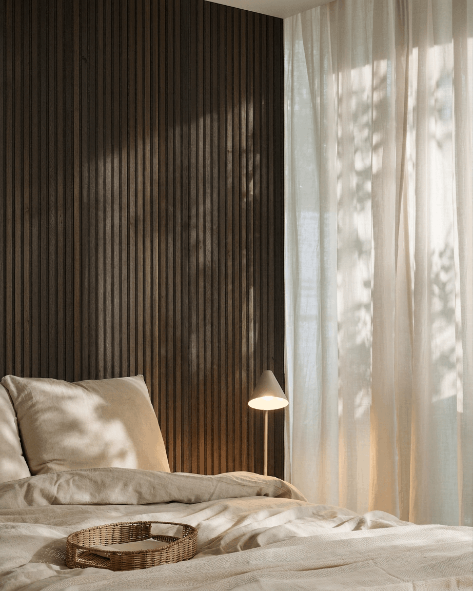 Säng med beige sängkläder bredvid en WoodUpp Akupanel i rustic smoked oak; stylad med en bricka i rotting, modern lampa och solbelysta skira gardiner.