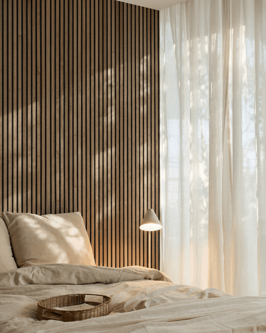 Minimalistiskt skandinaviskt sovrum med en WoodUpp Akupanel akustisk ribbvägg i valnöt, beige sängkläder, bricka i rotting på sängen och skira gardiner som filtrerar ett mjukt ljus.