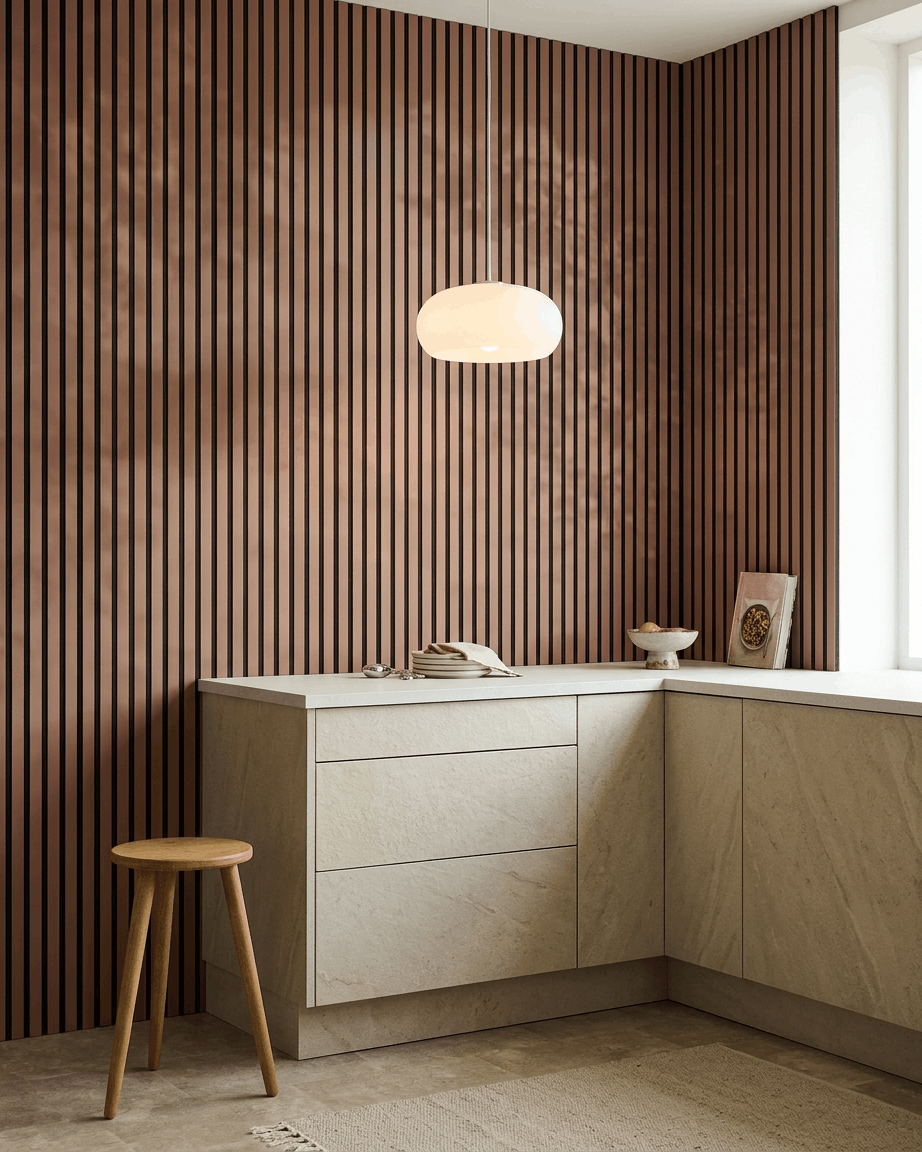 Kök med beige skåp, träpall och WoodUpp Akupanel Akustikpanel i Clay med Black filt på väggen. Rund pendellampa ovanför bänken.