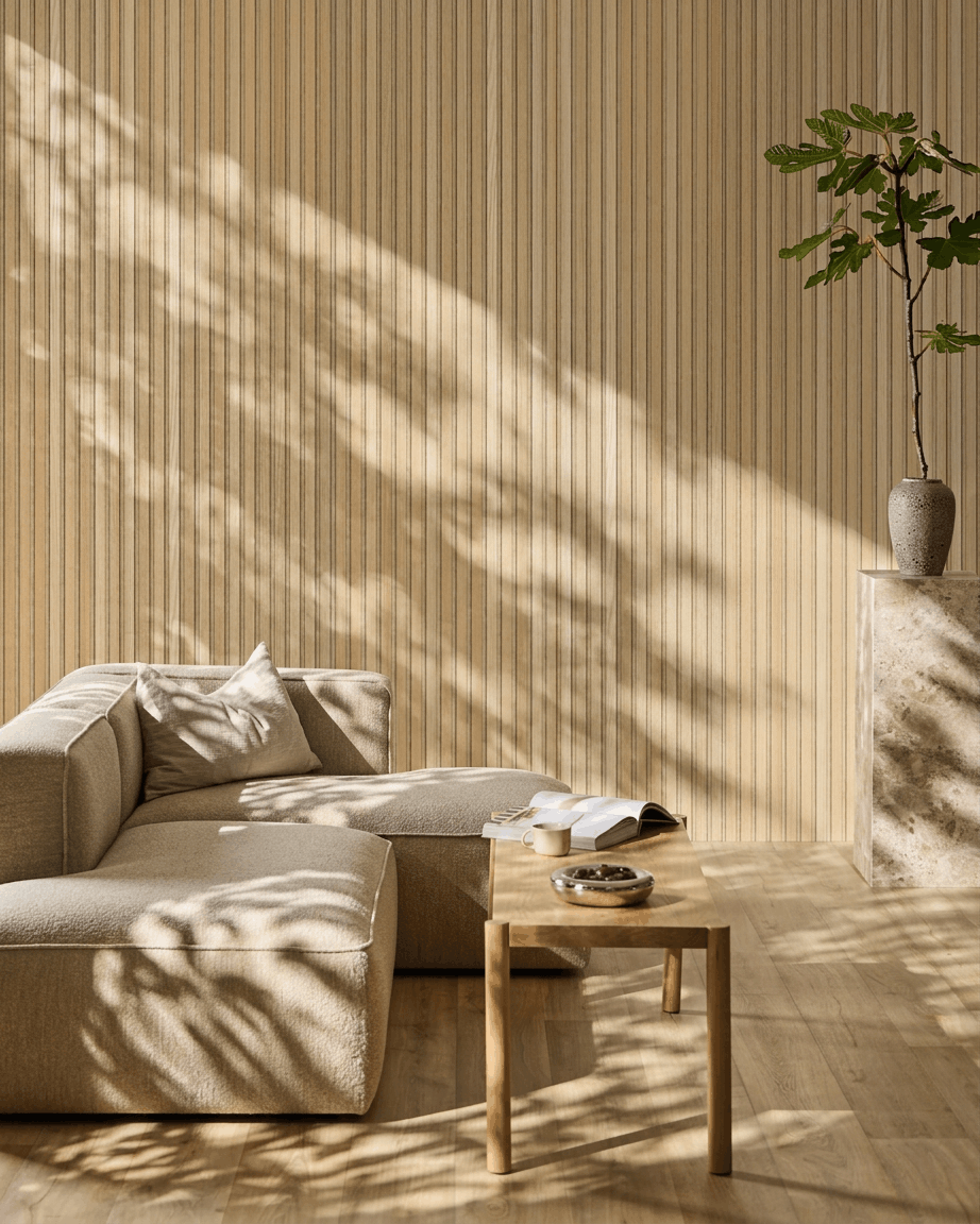 Minimalistiskt vardagsrum med en WoodUpp Akupanel Akustikpanel i Classic Oak med Beige Felt, som ger skandinavisk stil och akustisk komfort.