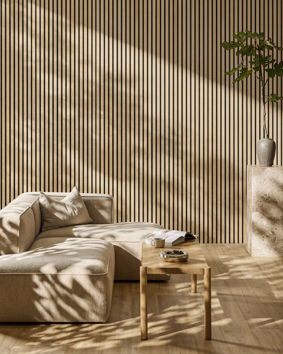 Akupanel | Acoustic Panel / Natural Wood Classic Oak, Black Felt, Black MDF, 240 x 60 cm