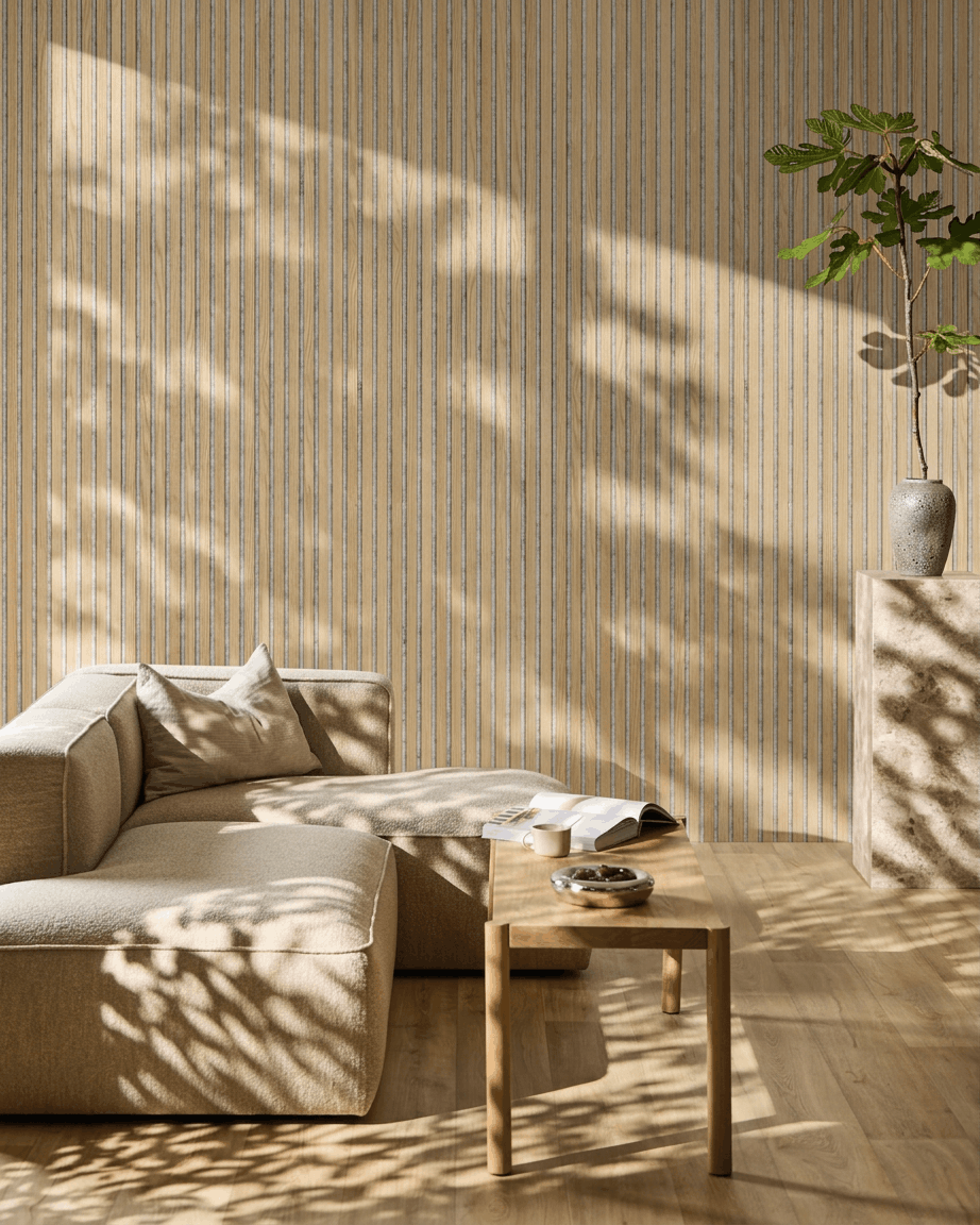 Minimalistiskt vardagsrum med beige soffa och soffbord. WoodUpp Akupanel Akustikpanel i Classic Oak, Grey filt ger nordisk stil och mjuka skuggeffekter.