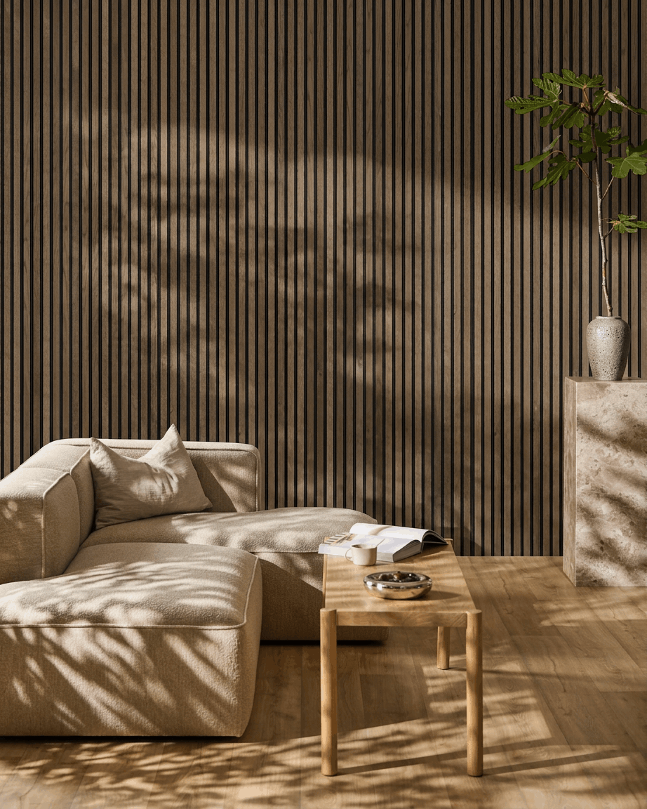 Minimalistiskt vardagsrum med beige modulsoffa, soffbord i trä och växt; solljuset framhäver nordisk design och WoodUpp Akupanel Akustikpanel i Rustic Grey Oak.