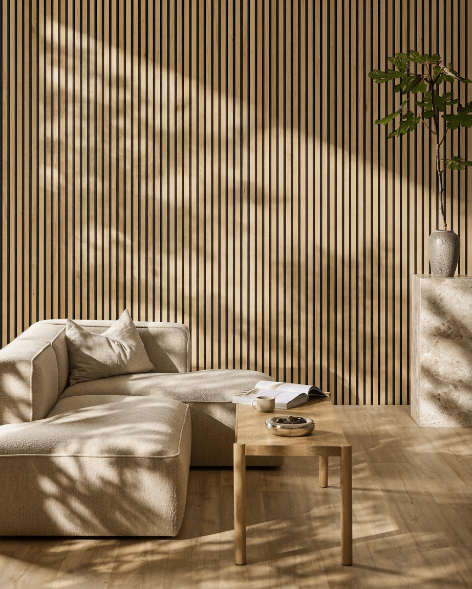 Minimalistiskt vardagsrum med en beige soffa, träbord, växt och en WoodUpp Akupanel Rustic Natural Oak Akustikpanel upplyst av mjukt solljus.