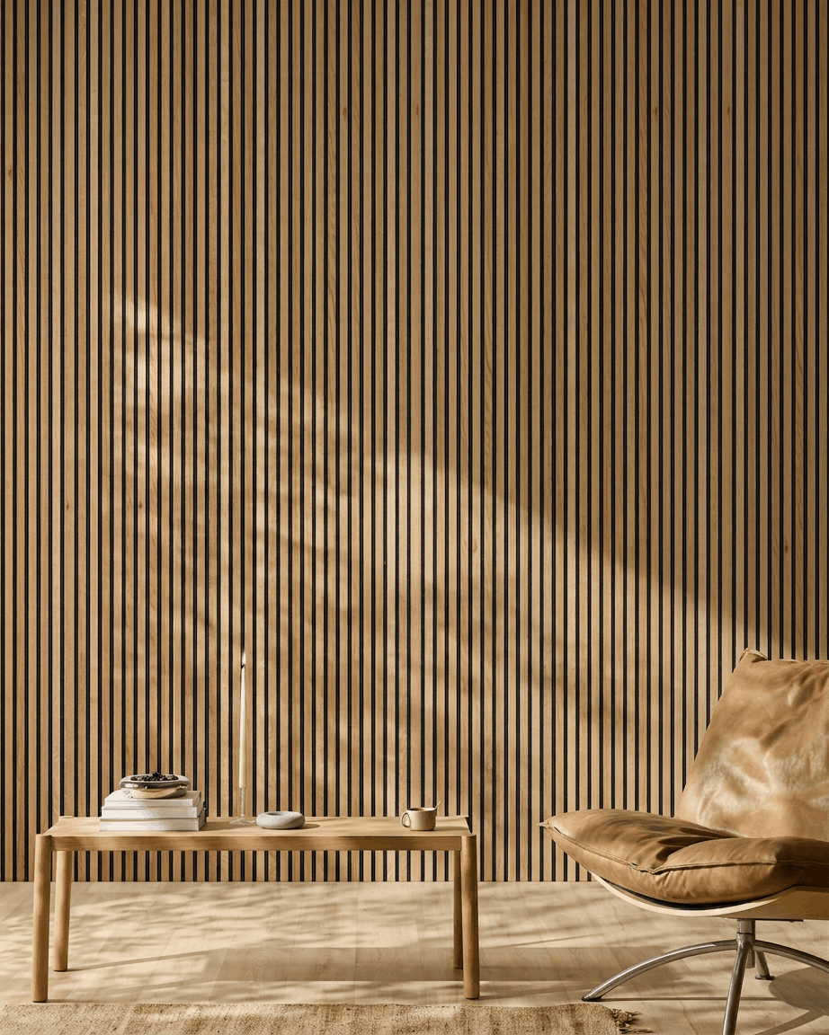 Minimalistiskt rum med en ljusbrun skinnfåtölj, lågt träbord och en WoodUpp Akupanel akustikpanel i trä med ribbor i Rustic Brown Oak-finish, upplyst av solljus.