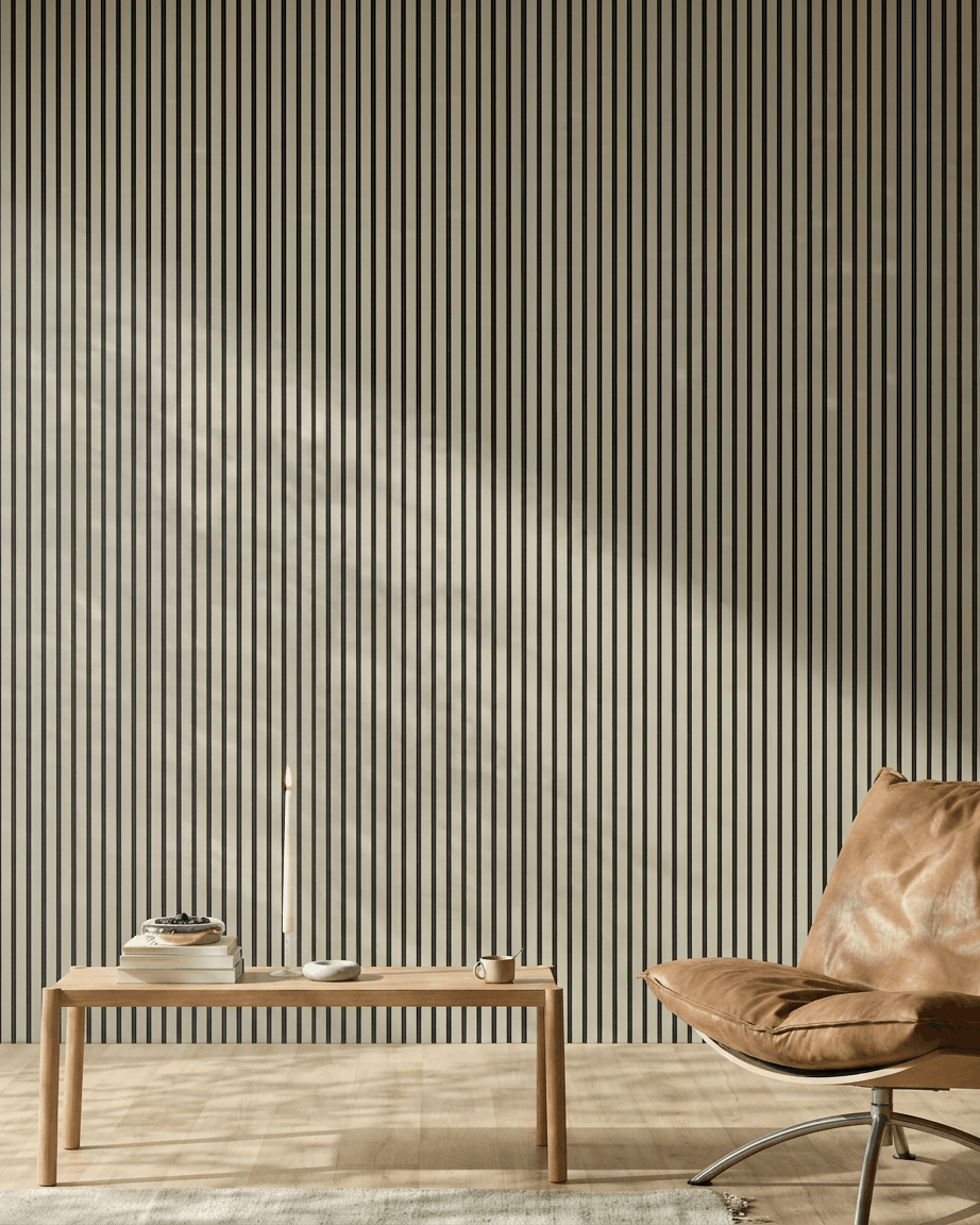 Minimalistiskt rum med en ljusbrun läderstol, träbänk, böcker, ljus och WoodUpp Akupanel Stone/Black Felt Akustikpanel (240x60 cm) på väggen.