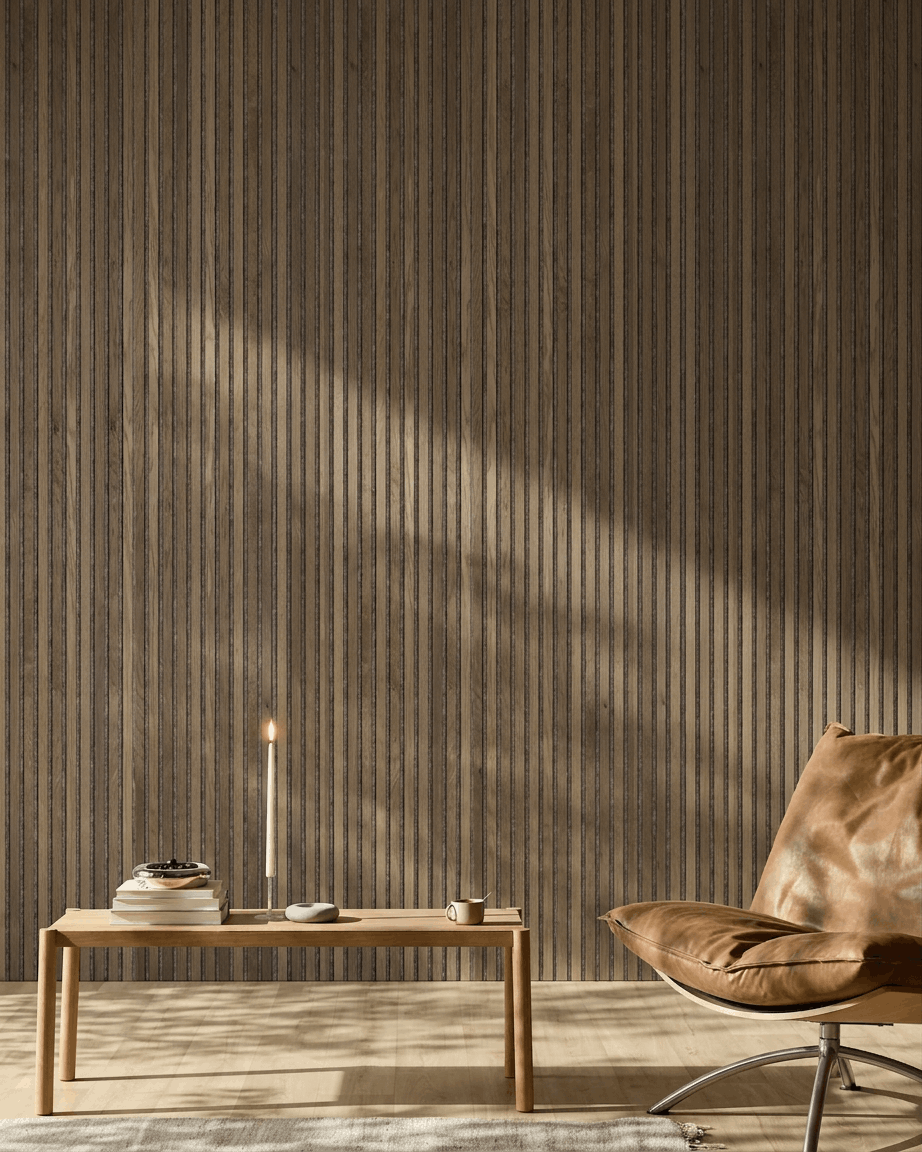 Akupanel |  Acoustic Panel / Natural Wood, Rustic Grey Oak, Warm Grey Felt, 240 x 60 cm