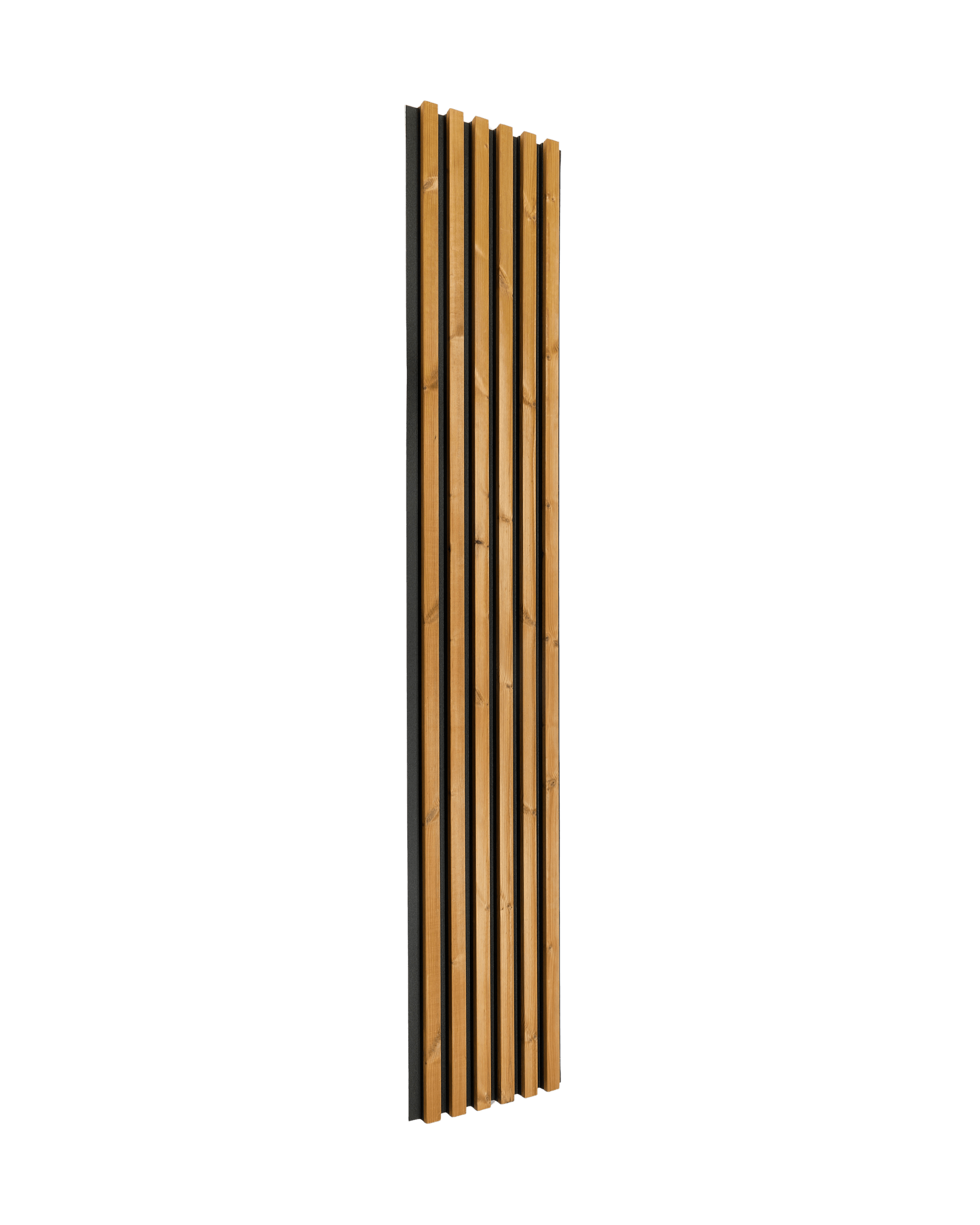 Vertical Akupanel acoustic wood panel with evenly spaced, narrow wooden slats in a minimalist Nordic design, displayed against a plain white background.