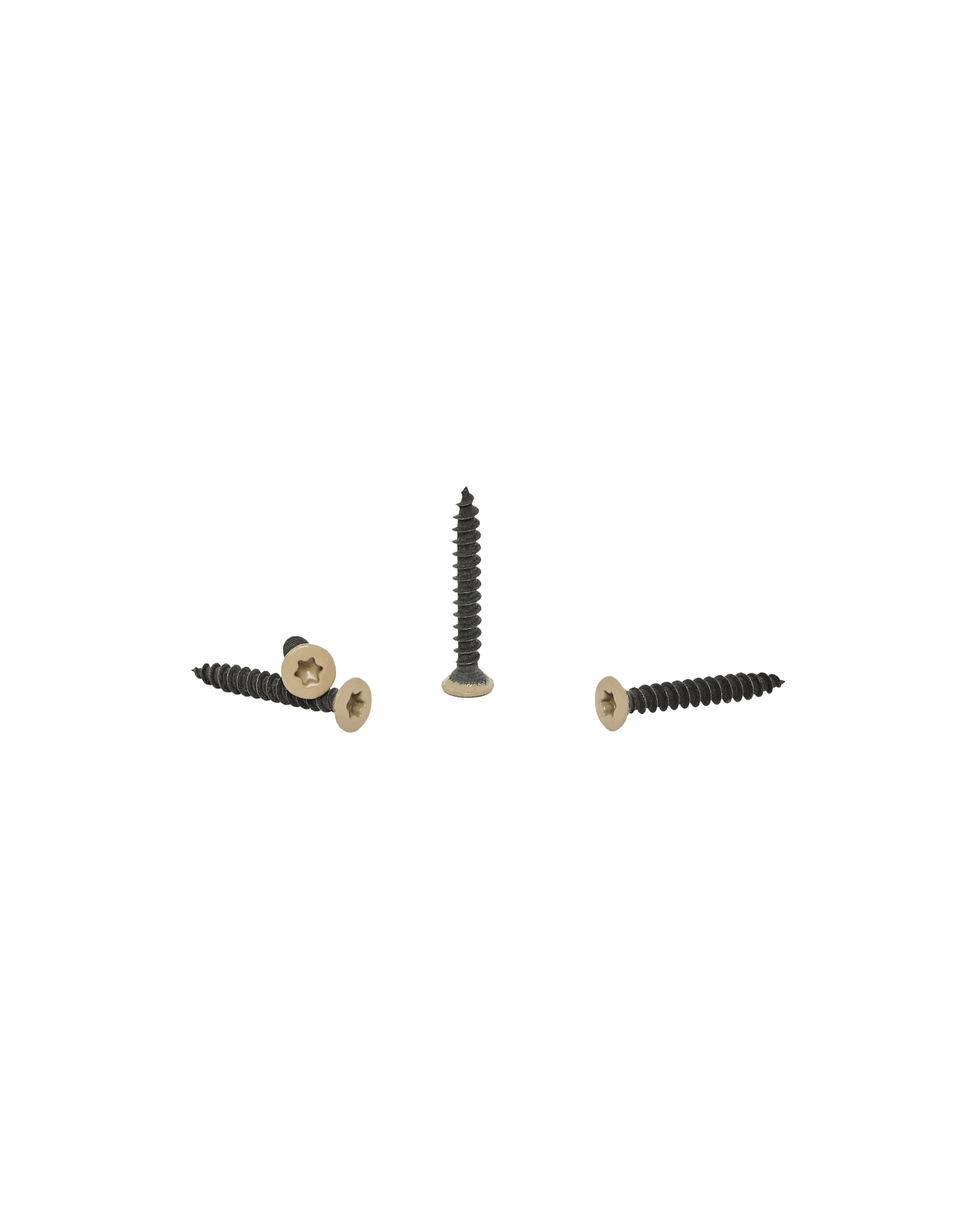 Four black screws with flat, light-colored heads on a plain white background, one standing upright and three lying flat, suitable for WoodUpp acoustic panel installation.