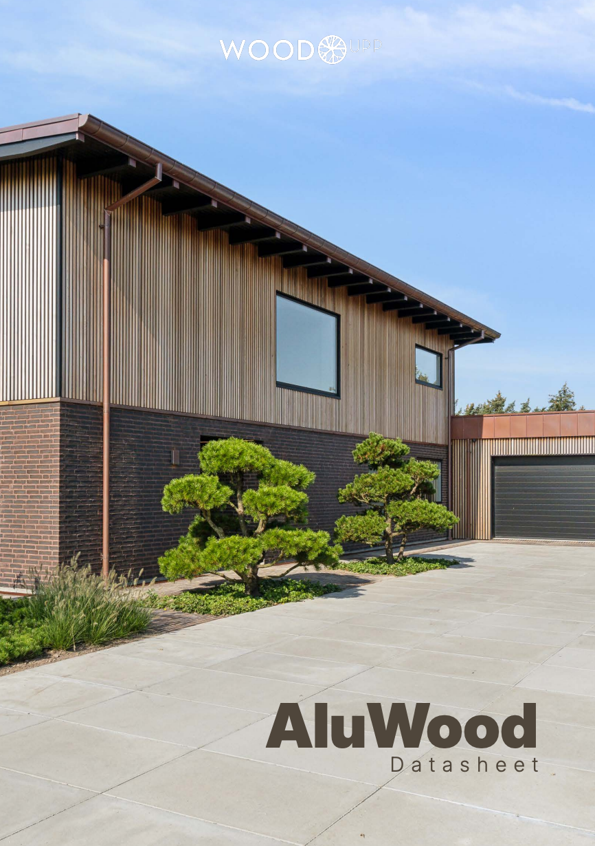 Contemporary house with AluWood facade panels and brick exterior, featuring large windows, garage, manicured landscaping. Text reads AluWood Datasheet.
