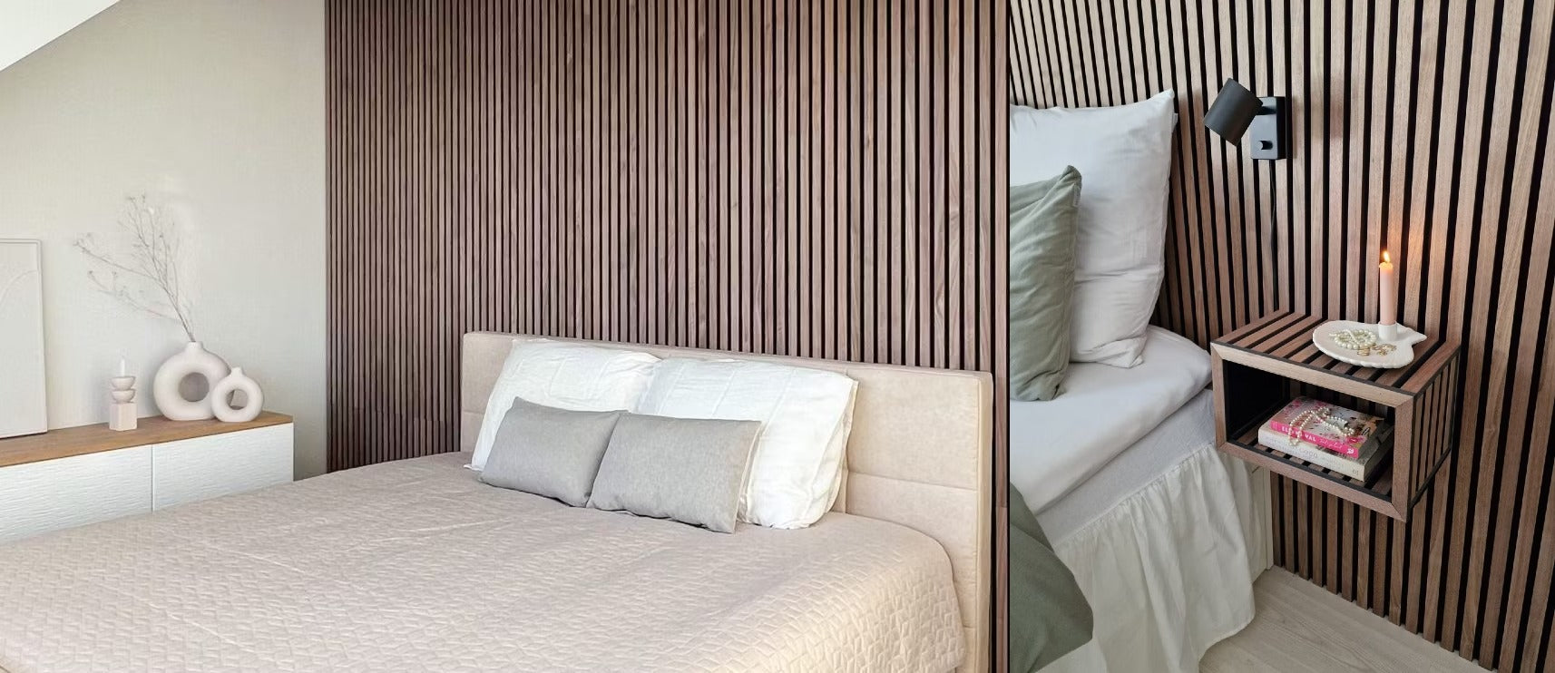 Ett modernt sovrum med en beige säng, neutrala kuddar och en Akupanel accentvägg i texturerat trä bakom ett flytande nattduksbord med böcker och en liten lampa.