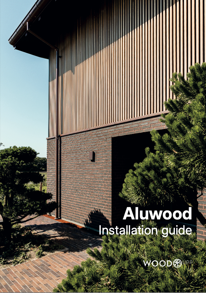 Building exterior featuring Aluwood vertical facade panels with brickwork and surrounding greenery; Aluwood installation guide text is displayed.